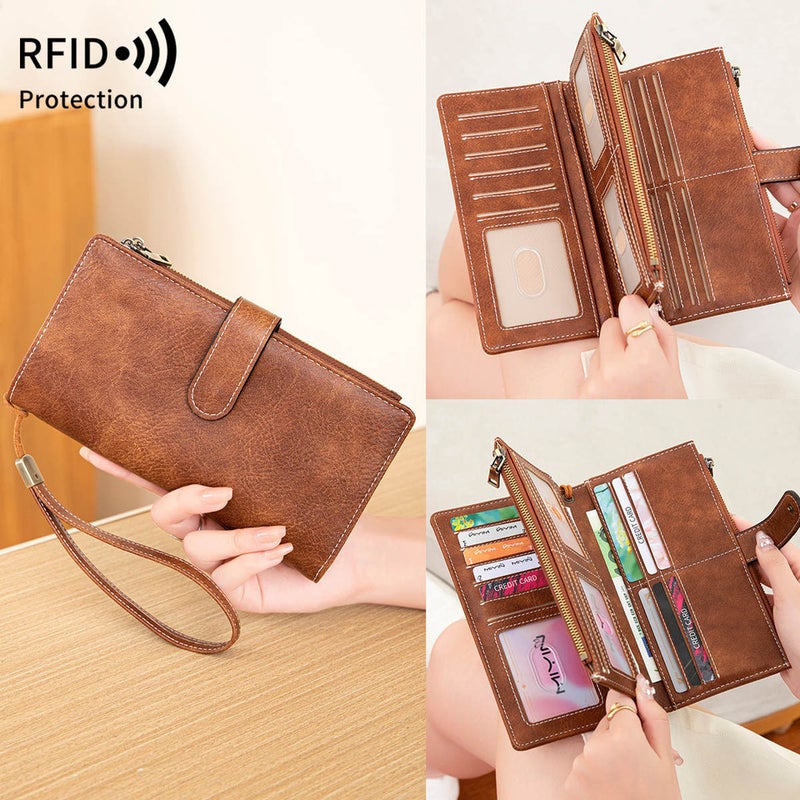 Multifunctional Solid Color PU Leather Wallet, RFID Blocking Design Portable Daily Storage Purse for Cards Cash Coin Business Use - Image 1
