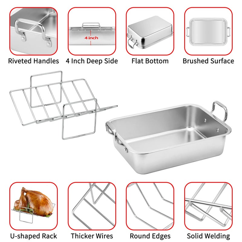 Kendane 15 Inch Stainless Steel Roasting Pan with Cooling Rack - Turkey, Chicken, Ham Roaster with V-Shaped Baking Rack by Kendane - Image 4