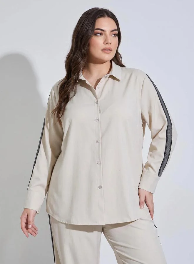 Styli Plus Size Off White Long Sleeves Relaxed Fit Shirt with Side Stripe