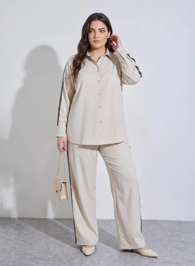 Styli Plus Size Off White Long Sleeves Relaxed Fit Shirt with Side Stripe