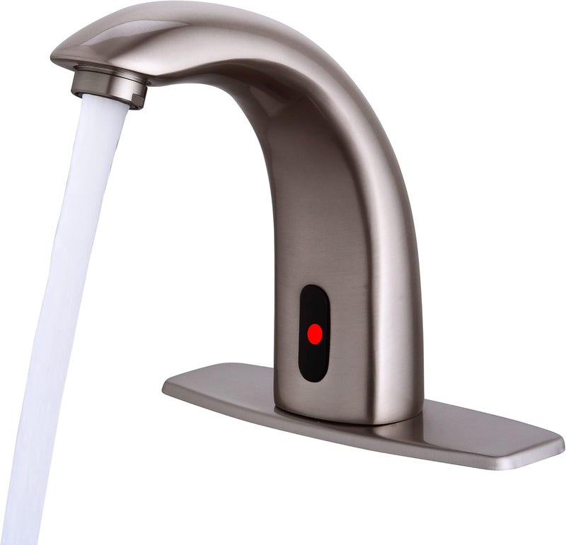 Fyeer Automatic Touchless Bathroom Sink Faucet Motion Activated Sensor Faucets Hands Free Commercial Tap with Hole Cover Deck Plate Battery Operated Control Adjustable Temperature MixerBrushed Nickel - Image 1
