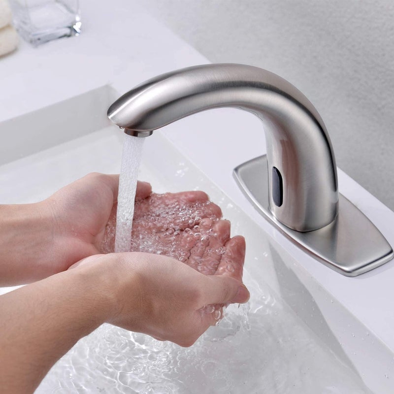 Fyeer Automatic Touchless Bathroom Sink Faucet Motion Activated Sensor Faucets Hands Free Commercial Tap with Hole Cover Deck Plate Battery Operated Control Adjustable Temperature MixerBrushed Nickel - Image 3