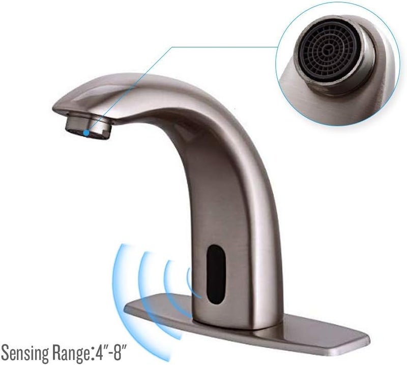 Fyeer Automatic Touchless Bathroom Sink Faucet Motion Activated Sensor Faucets Hands Free Commercial Tap with Hole Cover Deck Plate Battery Operated Control Adjustable Temperature MixerBrushed Nickel - Image 4