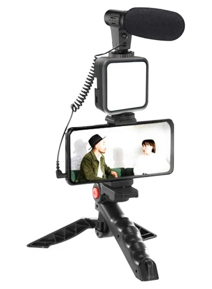 طقم استوديو الفلوجينج: حامل هاتف محمول + مقبض يد/حوامل ثلاثية صغيرة، متوافق مع الهواتف الذكية لتطبيقات تيك توك، يوتيوب، البث المباشر، يشمل ضوء فيديو LED "Like Me" + ميكروفون - Image 1