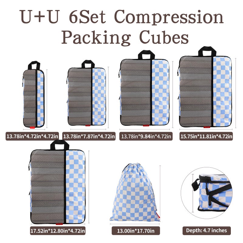 U+U 6 Set Compression Packing Cubes - Ultralight Travel Organizers with Laundry Bag, Space-Saving Suitcase Organizer for Travel, Business Trip and Family Vacation (Blue Checkered) - Image 5
