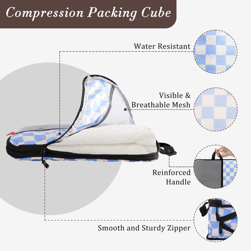 U+U 6 Set Compression Packing Cubes - Ultralight Travel Organizers with Laundry Bag, Space-Saving Suitcase Organizer for Travel, Business Trip and Family Vacation (Blue Checkered) - Image 2