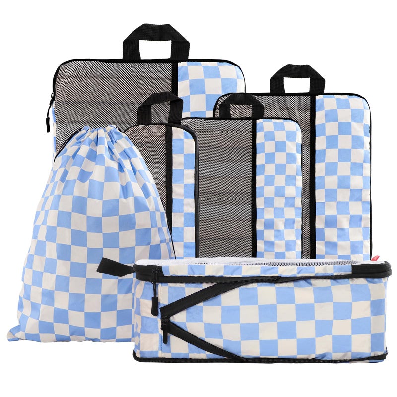 U+U 6 Set Compression Packing Cubes - Ultralight Travel Organizers with Laundry Bag, Space-Saving Suitcase Organizer for Travel, Business Trip and Family Vacation (Blue Checkered) - Image 1