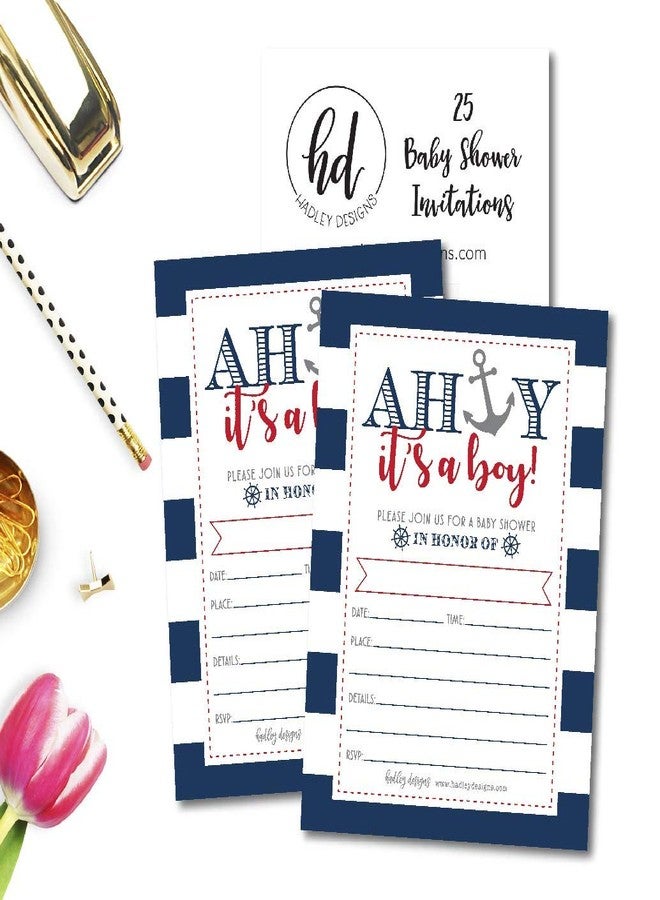 Hadley Designs تصاميم هادلي 25 أهلاً إنه ولد دعوات حفلة استحمام الأطفال البحرية، دعوة رذاذ للصبي الصغير، بطاقة قابلة للطباعة فارغة أو للكتابة، لوازم حفلة فريدة من نوعها بتصميم عتيق مختلط - Image 4