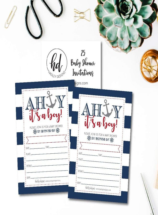 Hadley Designs تصاميم هادلي 25 أهلاً إنه ولد دعوات حفلة استحمام الأطفال البحرية، دعوة رذاذ للصبي الصغير، بطاقة قابلة للطباعة فارغة أو للكتابة، لوازم حفلة فريدة من نوعها بتصميم عتيق مختلط - Image 3