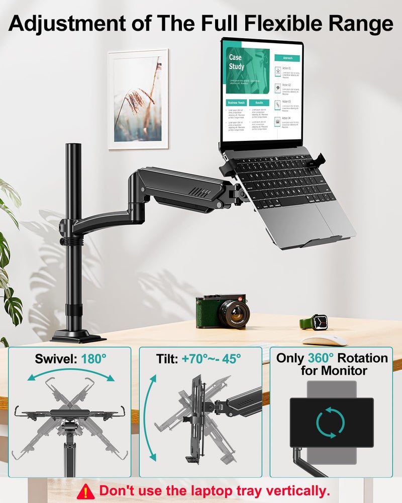MOUNT PRO Laptop Arm Desk Mount, Single Monitor Stand with VESA Laptop Tray, Adjustable Lap Top Holder for Max 22lbs 17" Notebook & 32" Computer Screen, Swivel Notebook Bracket, Clamp on/Grommet Base - Image 5