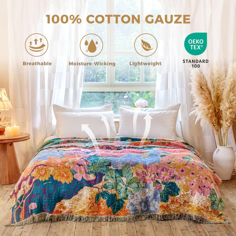 LUTBM Boho Throw Blanket for Bed Cotton Spring Blankets for Bedroom Living Room All Season Lightweight Floral Embroidery Reversible Twin Quilt for Couch Sofa Chair 60"x80" Home Decor - Image 2