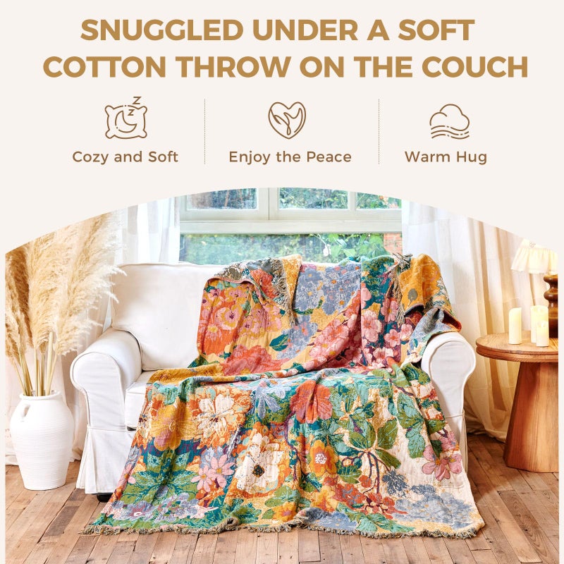 LUTBM Boho Throw Blanket for Bed Cotton Spring Blankets for Bedroom Living Room All Season Lightweight Floral Embroidery Reversible Twin Quilt for Couch Sofa Chair 60"x80" Home Decor - Image 4