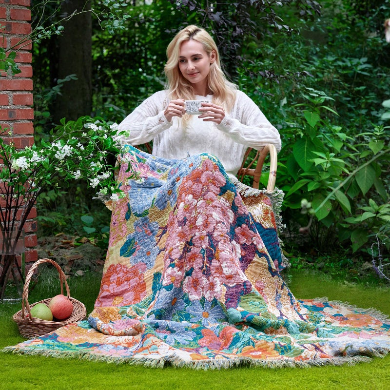 LUTBM Boho Throw Blanket for Bed Cotton Spring Blankets for Bedroom Living Room All Season Lightweight Floral Embroidery Reversible Twin Quilt for Couch Sofa Chair 60"x80" Home Decor - Image 5