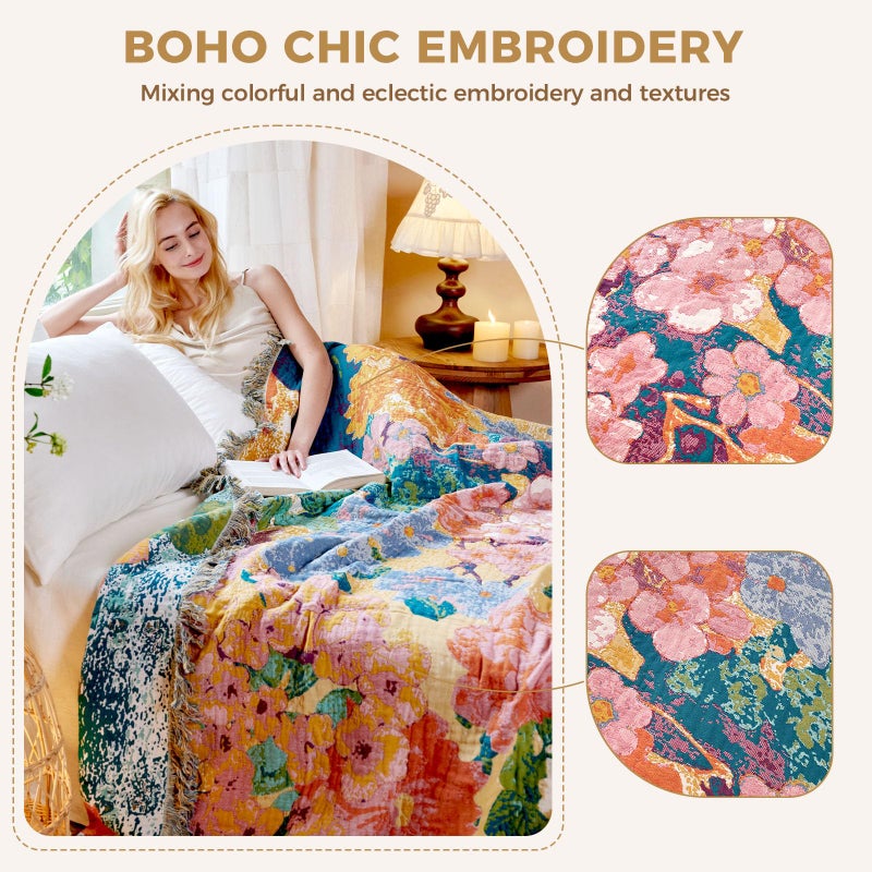 LUTBM Boho Throw Blanket for Bed Cotton Spring Blankets for Bedroom Living Room All Season Lightweight Floral Embroidery Reversible Twin Quilt for Couch Sofa Chair 60"x80" Home Decor - Image 3