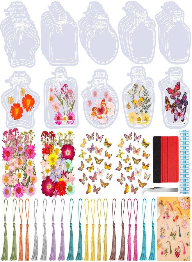 Jollidecor 212 PCS Pressed Flower Bookmark Making Kit, DIY Clear Bottle Bookmark Kit with Dried Flower Tassel Butterflies Open Sticker Tweezer, DIY Projects Party Favor Gift for School Reading Adult Book Lovers - Image 1