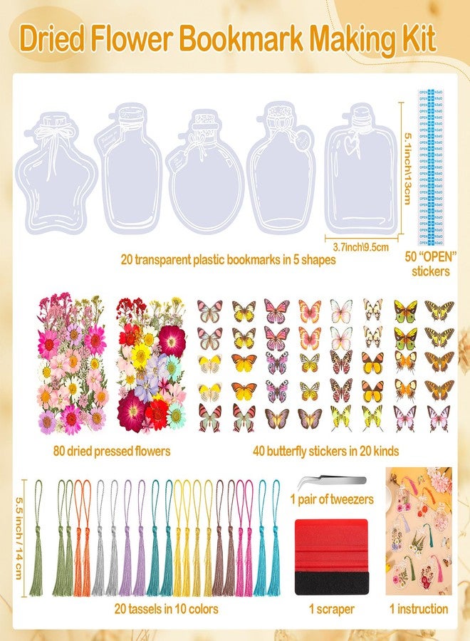 Jollidecor 212 PCS Pressed Flower Bookmark Making Kit, DIY Clear Bottle Bookmark Kit with Dried Flower Tassel Butterflies Open Sticker Tweezer, DIY Projects Party Favor Gift for School Reading Adult Book Lovers - Image 3
