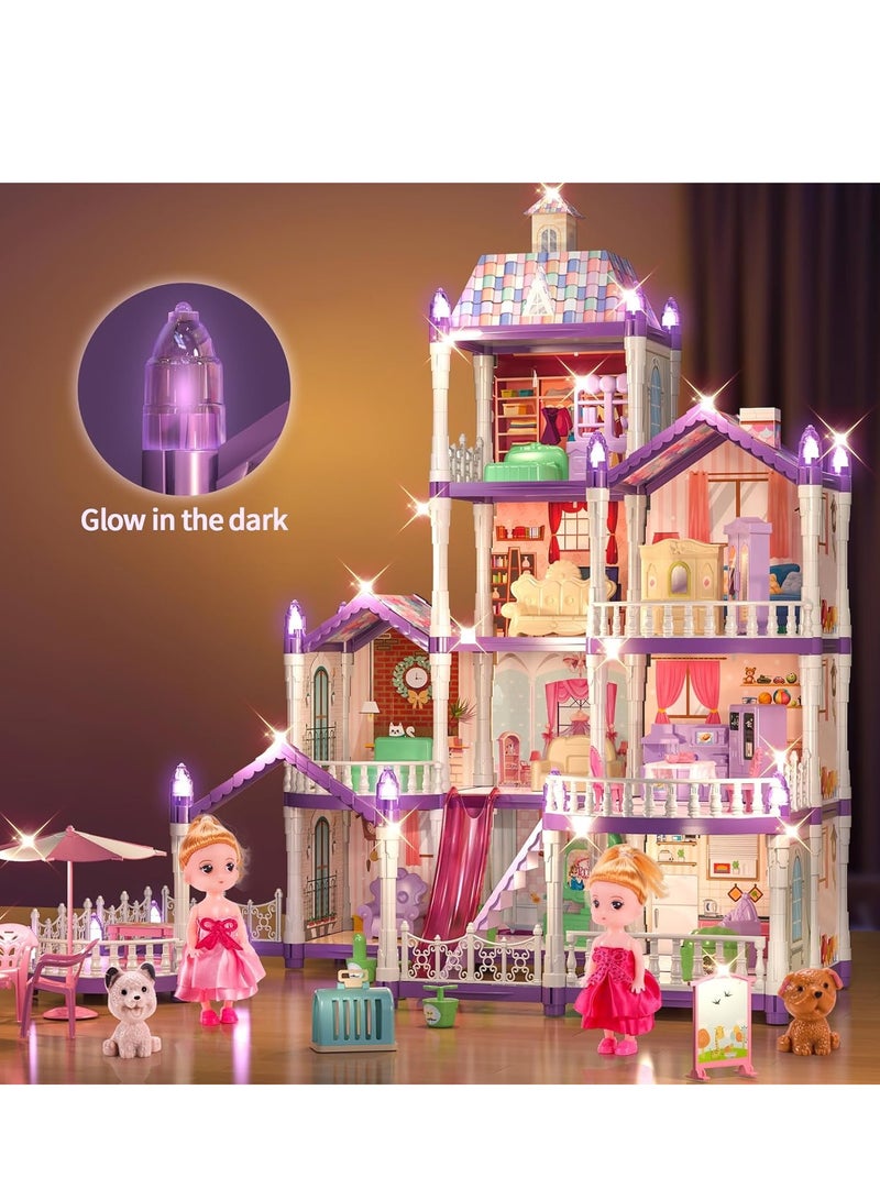 Doll House, 4-Story Dollhouse with Glow in The Dark, Doll House Playset with 2 Dolls, 12 Play Areas, Fully Furniture & Accessories, Toys for 3 4 5 6 7 8 9Year Old Girls Gift, Purple  - Image 2