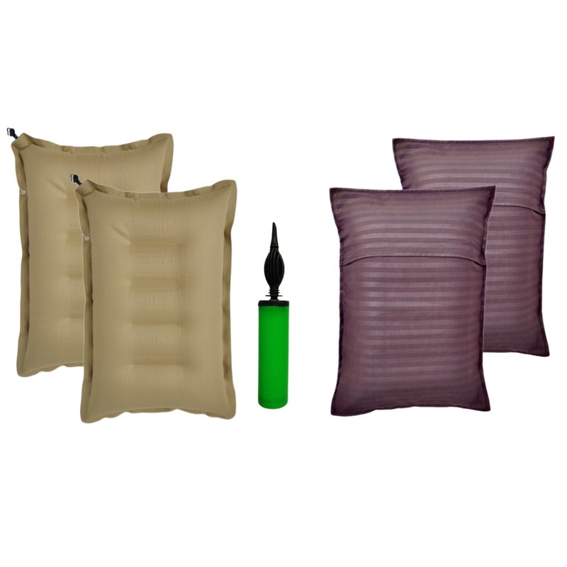 Pack of 2 Pcs Brown Color Cotton Travelling Pillow with Air Pump and Pillow Cover Comfortable & Portable,Neck Support,Lightweight Compact Travelling in Train, Bus,Flight, Camping, Hostel and Office.  - Image 2