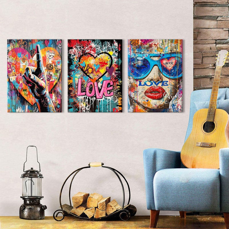 YOOOAHU Banksy Wall Art Pop Art Wall Decor Graffiti Street Pictures for Bedroom Living Room Fashion Women Canvas Paintings Prints Abstract Gesture Love Sign Posters Modern Artwork Home Decoration 12x16" 3P - Image 2