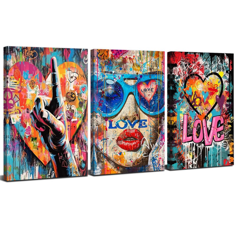 YOOOAHU Banksy Wall Art Pop Art Wall Decor Graffiti Street Pictures for Bedroom Living Room Fashion Women Canvas Paintings Prints Abstract Gesture Love Sign Posters Modern Artwork Home Decoration 12x16" 3P - Image 1