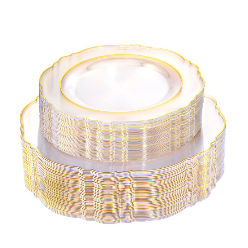 100 قطعة أطباق بلاستيكية شفافة قابلة للتصرف مع حواف ذهبية باروك شفافة ذهبية للحفلات أو الزفاف أو يوم الأب بما في ذلك 50 طبق عشاء 10.25 بوصة و 50 طبق سلطة 7.5 بوصة