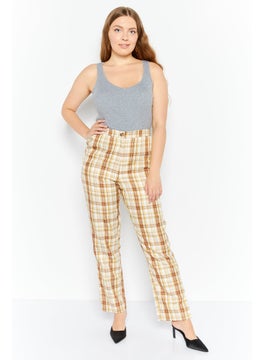 GHOSPELL Women Regular Fit Checkered Straight Leg Pants, Beige  - Image 2