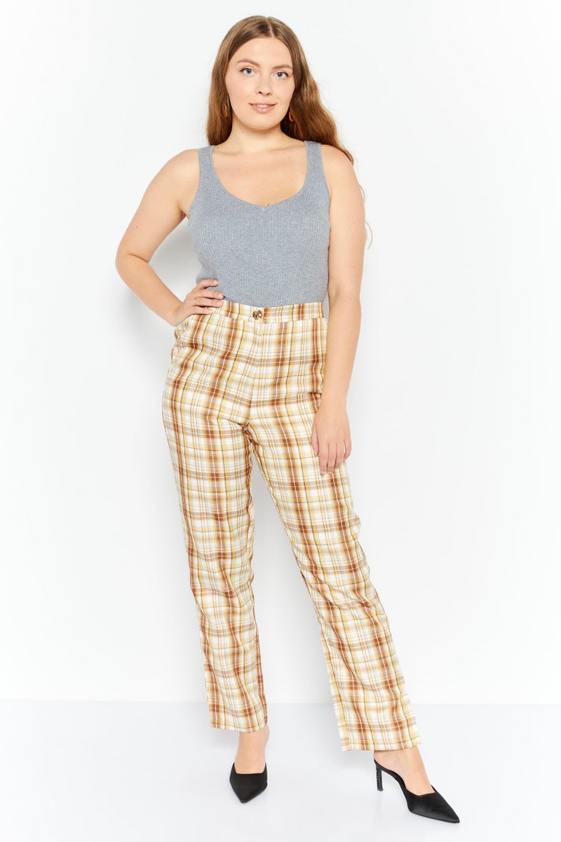 GHOSPELL Women Regular Fit Checkered Straight Leg Pants, Beige - Image 2