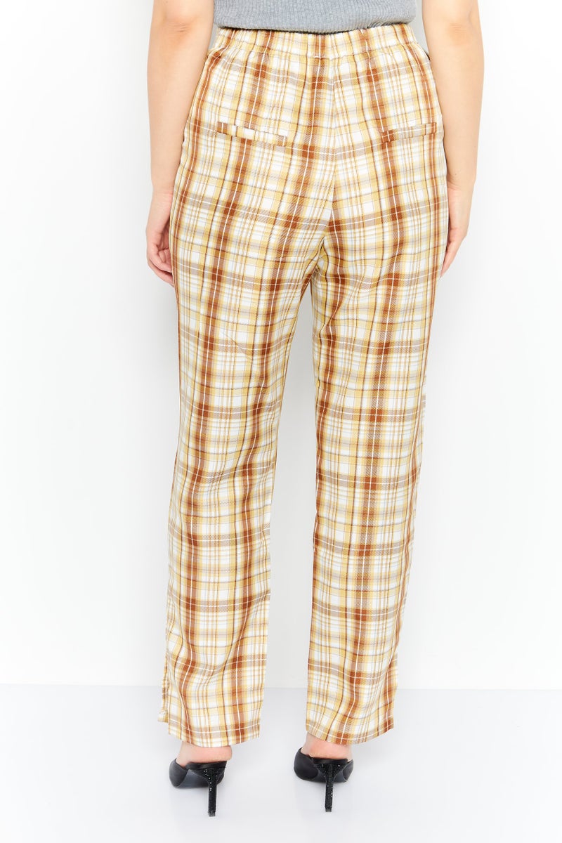 GHOSPELL Women Regular Fit Checkered Straight Leg Pants, Beige - Image 4