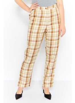 GHOSPELL Women Regular Fit Checkered Straight Leg Pants, Beige  - Image 1