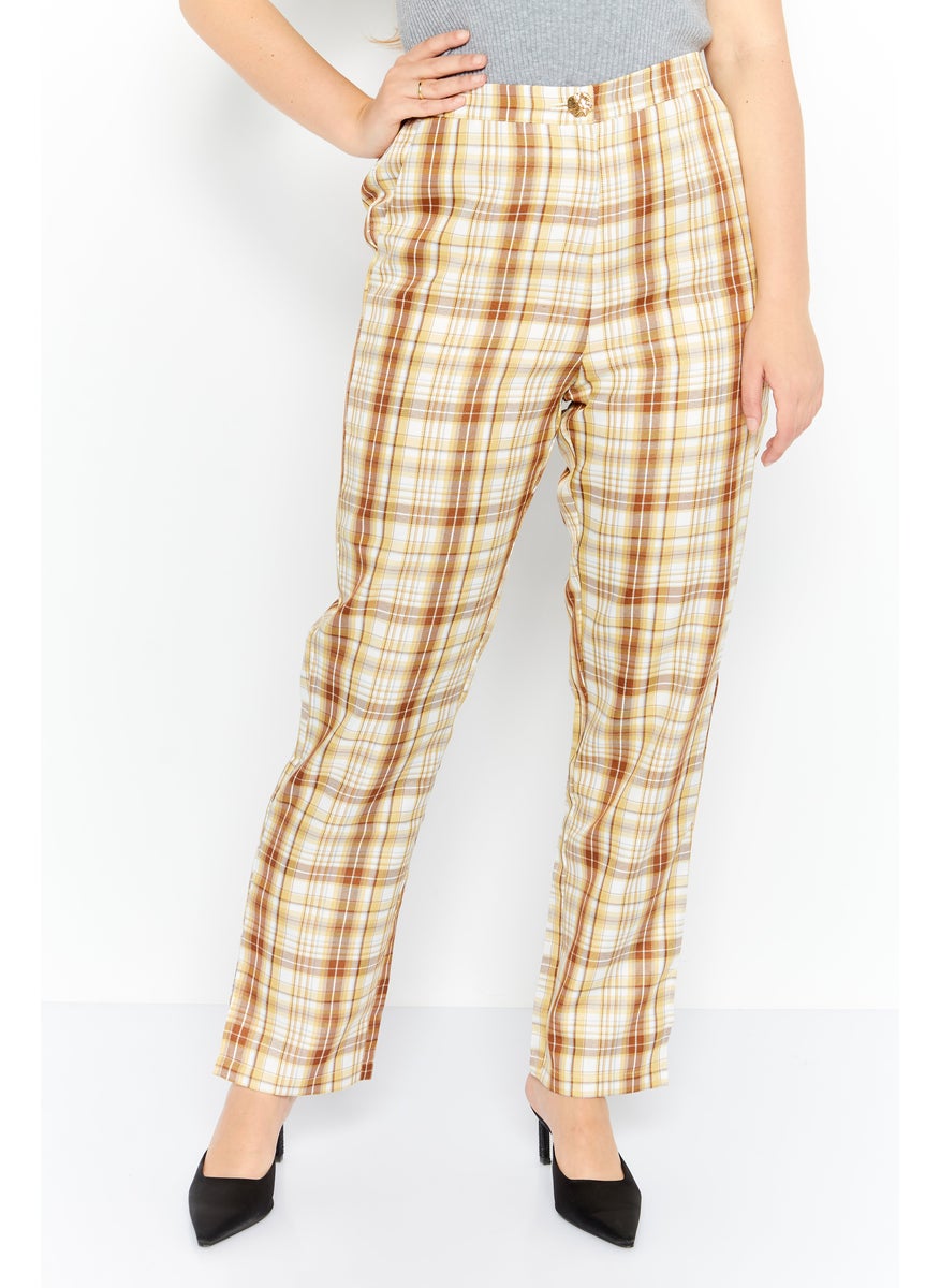 GHOSPELL Women Regular Fit Checkered Straight Leg Pants, Beige  - Image 1