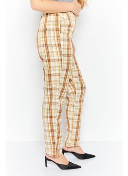GHOSPELL Women Regular Fit Checkered Straight Leg Pants, Beige  - Image 3