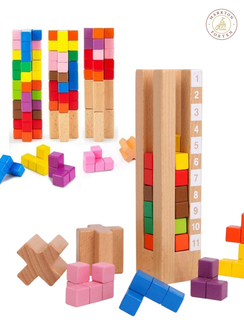 Wooden Brain Logic Tower Puzzle for Kids - Montessori Educational Stacking Toy with Activity Cards - Colour & Number Matching Learning Game - Indoor Outdoor Play - Age 3+ Toddler Gift - Image 1