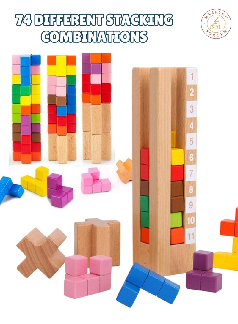 Wooden Brain Logic Tower Puzzle for Kids - Montessori Educational Stacking Toy with Activity Cards - Colour & Number Matching Learning Game - Indoor Outdoor Play - Age 3+ Toddler Gift - Image 2