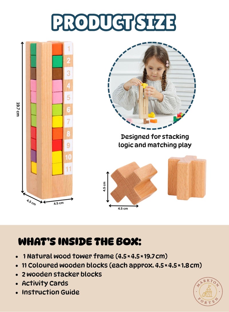 Wooden Brain Logic Tower Puzzle for Kids - Montessori Educational Stacking Toy with Activity Cards - Colour & Number Matching Learning Game - Indoor Outdoor Play - Age 3+ Toddler Gift - Image 3