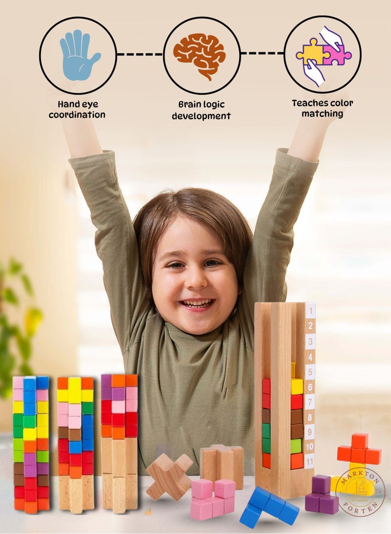 Wooden Brain Logic Tower Puzzle for Kids - Montessori Educational Stacking Toy with Activity Cards - Colour & Number Matching Learning Game - Indoor Outdoor Play - Age 3+ Toddler Gift - Image 4