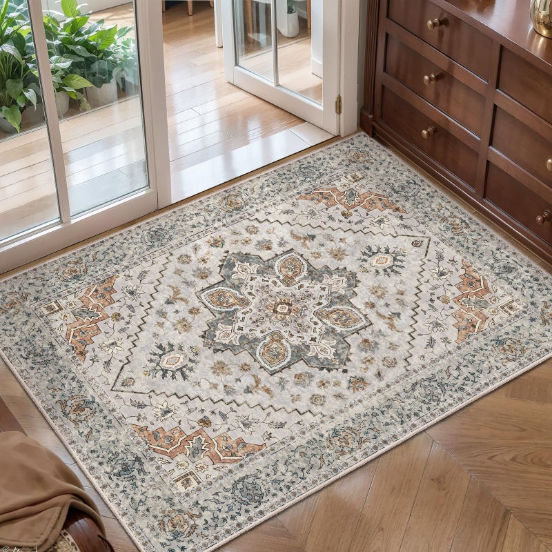 Tangsoo Vintage Small Washable Rugs for Entryway, 2x3 Rug Non Slip Grey Rug Throw Accent Indoor Front Door Distressed Door Mat, Soft Low Pile Area Rugs for Entrance Kitchen Bathroom - Image 1