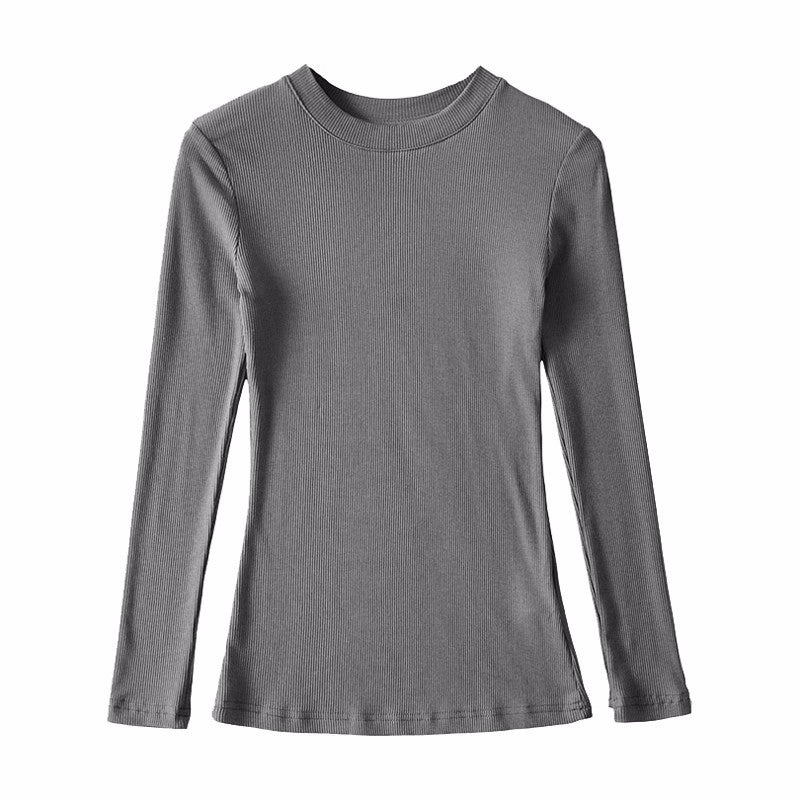 Wide Collar Thread Stitching Long-sleeved Slim-fit Womens T-shirt Simple Solid Color Stretch Cotton Bag Body European and American Ins Trendy Base Shirt Dark gray 222 long sleeves