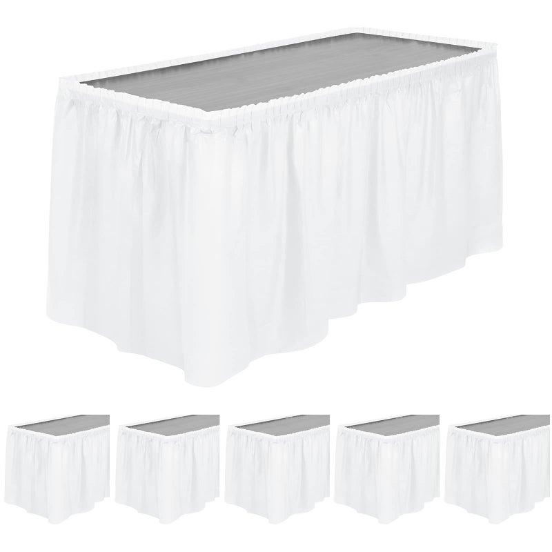 TURSTIN TURSTIN 6 Pieces White Plastic Table Skirts 14 Feet x 29 Inch for Rectangle Tables Fitted Tablecloth Disposable Table Cover for Birthday Party Events Banquette Baby Shower