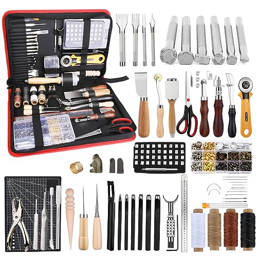 TLKKUE Leather Working Kit - Beginner's Leather Crafting Tool with Storage Bag, Leatherworking Tooling Kit for Sewing, Carving, Punching, Cutting, Stamping Tools - Image 1