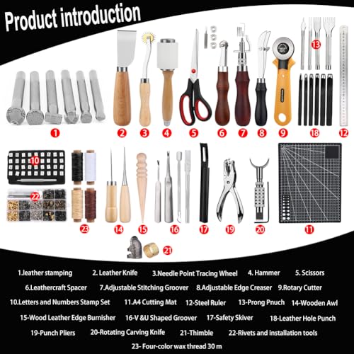 TLKKUE Leather Working Kit - Beginner's Leather Crafting Tool with Storage Bag, Leatherworking Tooling Kit for Sewing, Carving, Punching, Cutting, Stamping Tools - Image 2