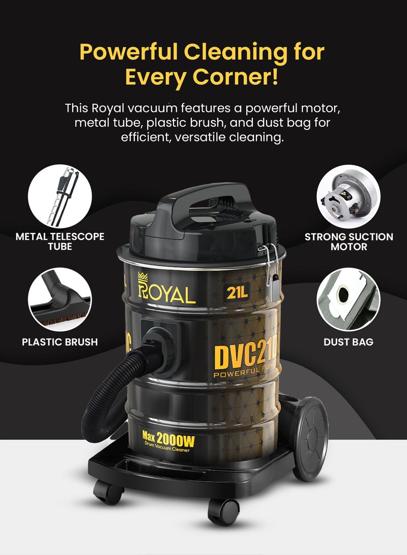 Royal 21L Drum Vacuum Cleaner 2000W | Strong Suction Motor, Metal Telescopic Tube, Dust Full Indicator, 4-Meter Cord & Large Dust Bag | RA-VCB2121 Yellow & Black 2000 W Vacuum Cleaner RA-VCB2121 - Image 3