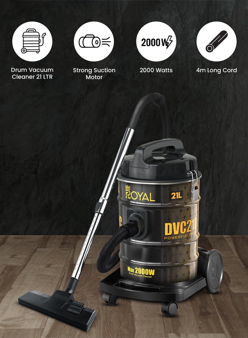 Royal 21L Drum Vacuum Cleaner 2000W | Strong Suction Motor, Metal Telescopic Tube, Dust Full Indicator, 4-Meter Cord & Large Dust Bag | RA-VCB2121 Yellow & Black 2000 W Vacuum Cleaner RA-VCB2121 - Image 4