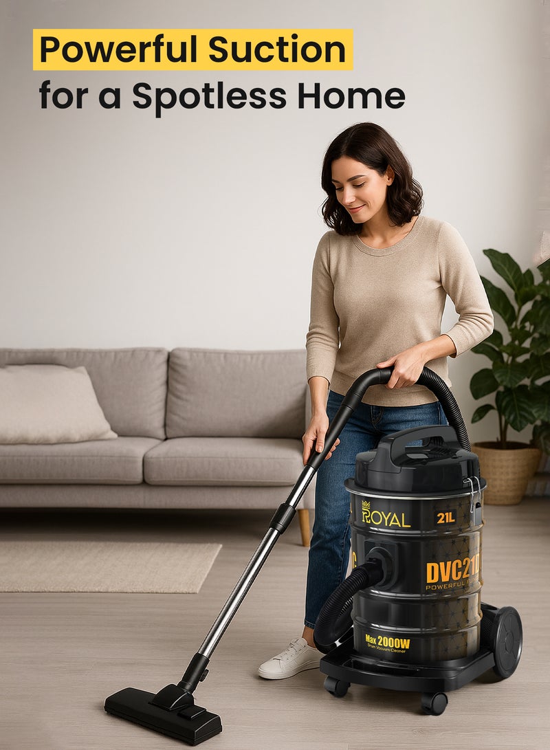 Royal 21L Drum Vacuum Cleaner 2000W | Strong Suction Motor, Metal Telescopic Tube, Dust Full Indicator, 4-Meter Cord & Large Dust Bag | RA-VCB2121 Yellow & Black 2000 W Vacuum Cleaner RA-VCB2121 - Image 2