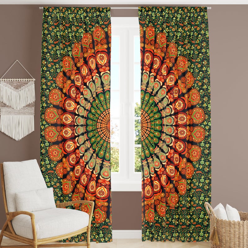 Bless International Beautiful Indian Bohemian Psychedelic Hippie Tree of Life Window Curtain Panels for Bedroom Living Balcony Golden Green 25x74 Inches635x188 Cms