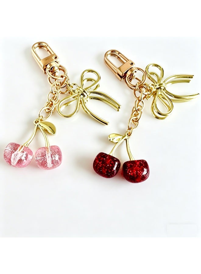 2pcs Cherry Keychain, Glitter Cherry Bag Charm, Elegant Key Ring for Women,Cute Keychains for Girls, Perfect for Car Interior and Home Decor Accessory(Pink+Red) - Image 1