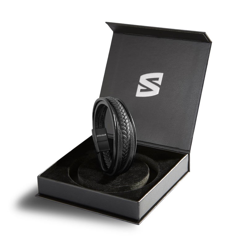 SERASAR Men's Black Leather Bracelet, 17cm, Leather, Genuine Gift Box, Braided Cowhide, Adjustable Magnetic Clasp, Multi-layer Rope - Image 2
