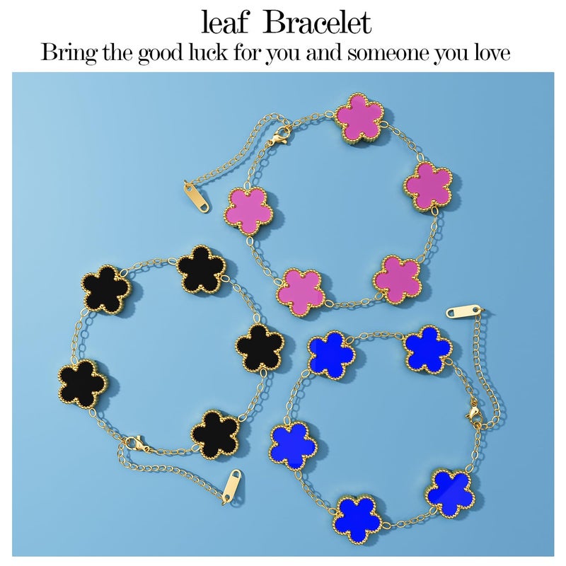 AICase 18K Gold Plated Clover Bracelet Dupes Blue/Pink/Black Bracelet Set for Women Four Leaf Lucky Bracelets Jewelry Birthday Gifts for Women/Mon/Friends_02 - Image 2