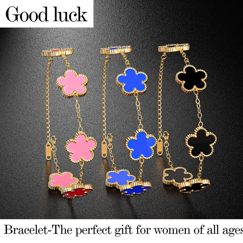 AICase 18K Gold Plated Clover Bracelet Dupes Blue/Pink/Black Bracelet Set for Women Four Leaf Lucky Bracelets Jewelry Birthday Gifts for Women/Mon/Friends_02 - Image 3
