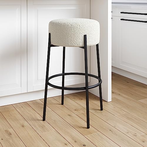 Nathan James Isaac 29 Modern Backless Bar Stool with Round Soft Padded Boucle Seat and Metal MidCentury Base Boucle WhiteBlack