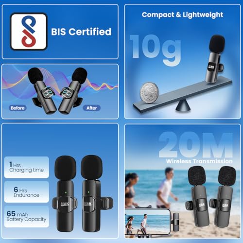 MMAK Wireless Lavalier Dual Microphone Collar Mic for YouTube, Video Recording, Vlogging For Type-C Android & Lightning, Plug and Play, Noise Reduction (No Bluetooth needed) - Image 2